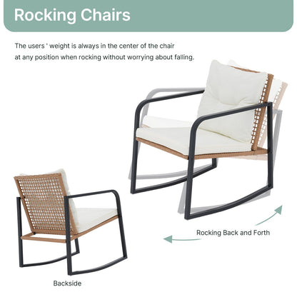 Set da 3 sedie a dondolo per patio, bistrot, sedie da balcone, set da conversazione con tavolino e cuscini