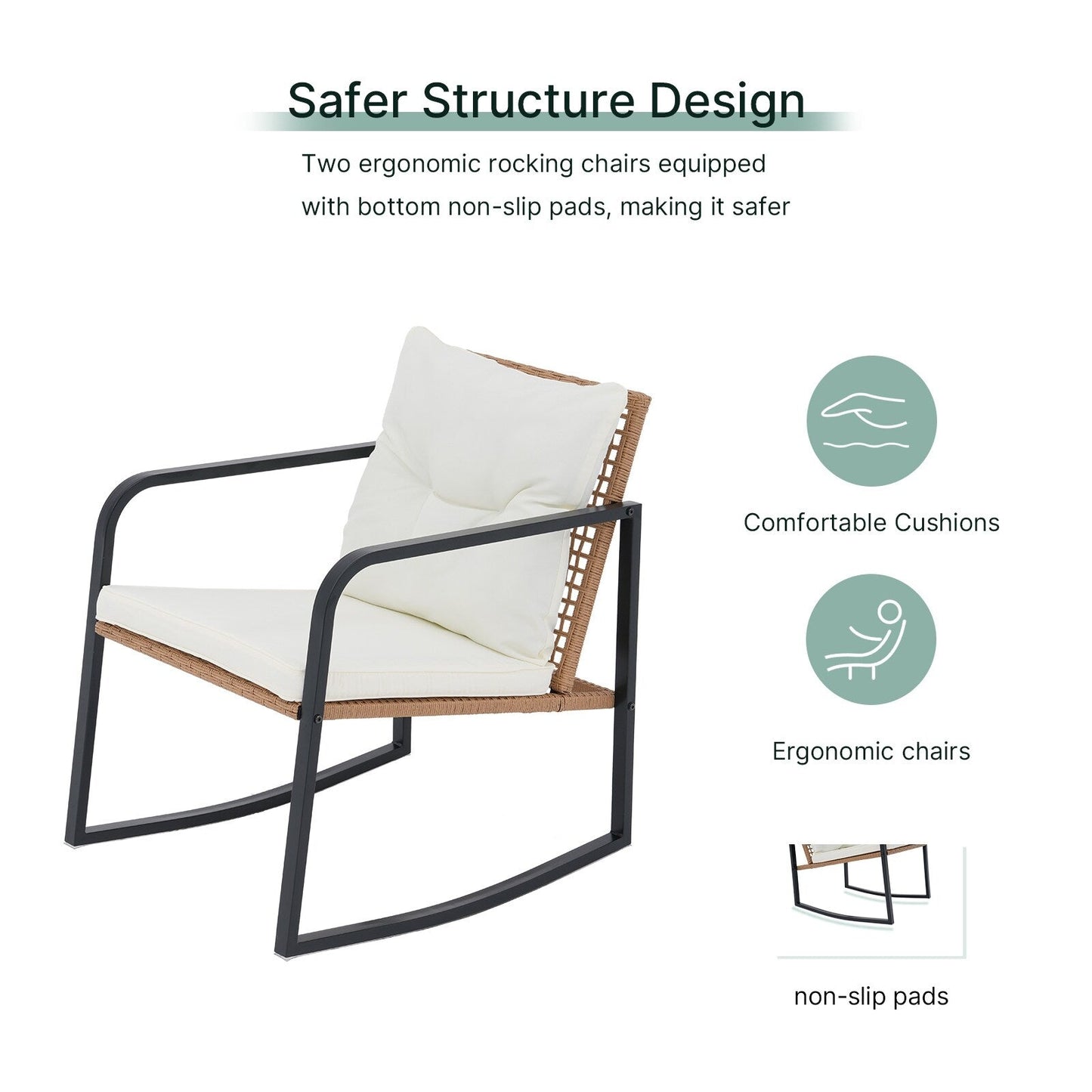 Set da 3 sedie a dondolo per patio, bistrot, sedie da balcone, set da conversazione con tavolino e cuscini