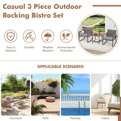 Set da 3 sedie a dondolo per patio, bistrot, sedie da balcone, set da conversazione con tavolino e cuscini