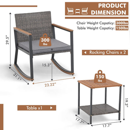 Set da 3 sedie a dondolo per patio, bistrot, sedie da balcone, set da conversazione con tavolino e cuscini