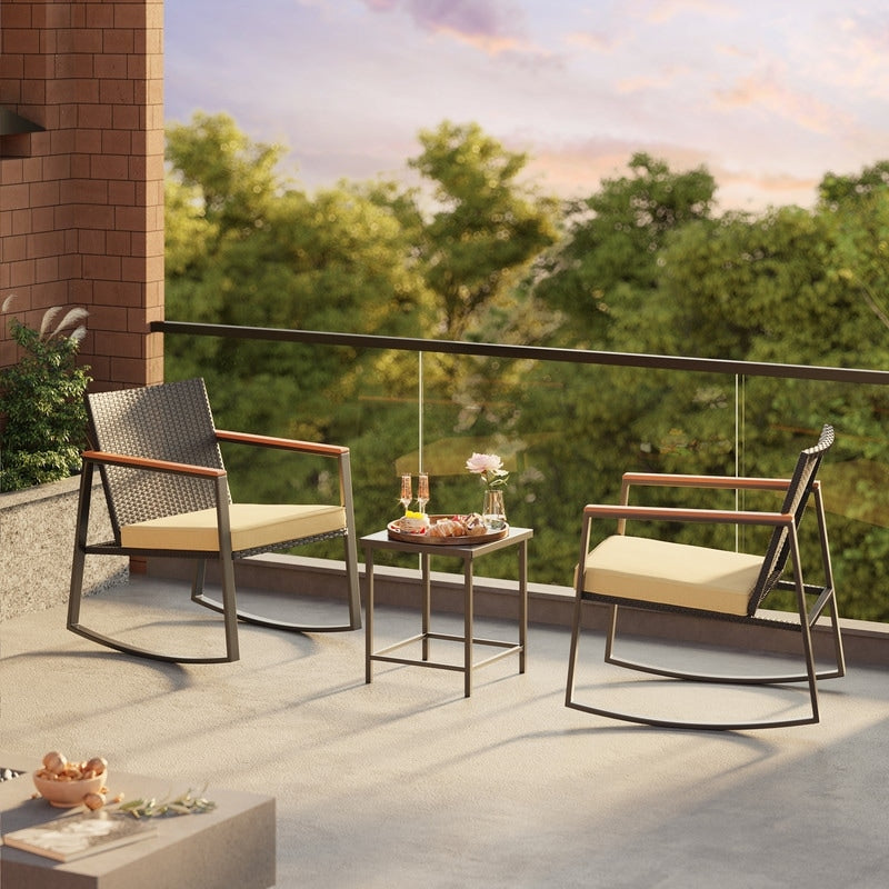Set da bistrot a dondolo da giardino in vimini da 3 pezzi, set da pub con sedia a dondolo e tavolo in vetro