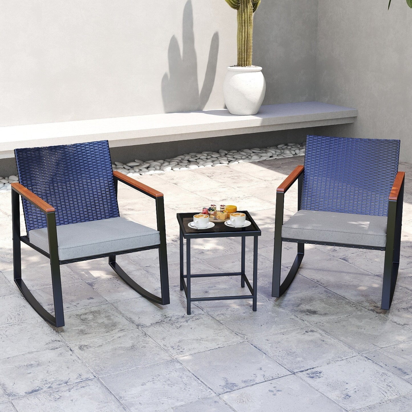 Set da bistrot a dondolo da giardino in vimini da 3 pezzi, set da pub con sedia a dondolo e tavolo in vetro