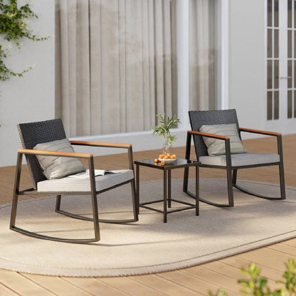 Set da bistrot a dondolo da giardino in vimini da 3 pezzi, set da pub con sedia a dondolo e tavolo in vetro