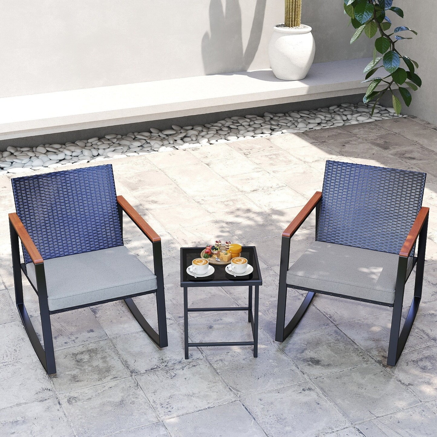 Set da bistrot a dondolo da giardino in vimini da 3 pezzi, set da pub con sedia a dondolo e tavolo in vetro