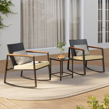 Set da bistrot a dondolo da giardino in vimini da 3 pezzi, set da pub con sedia a dondolo e tavolo in vetro