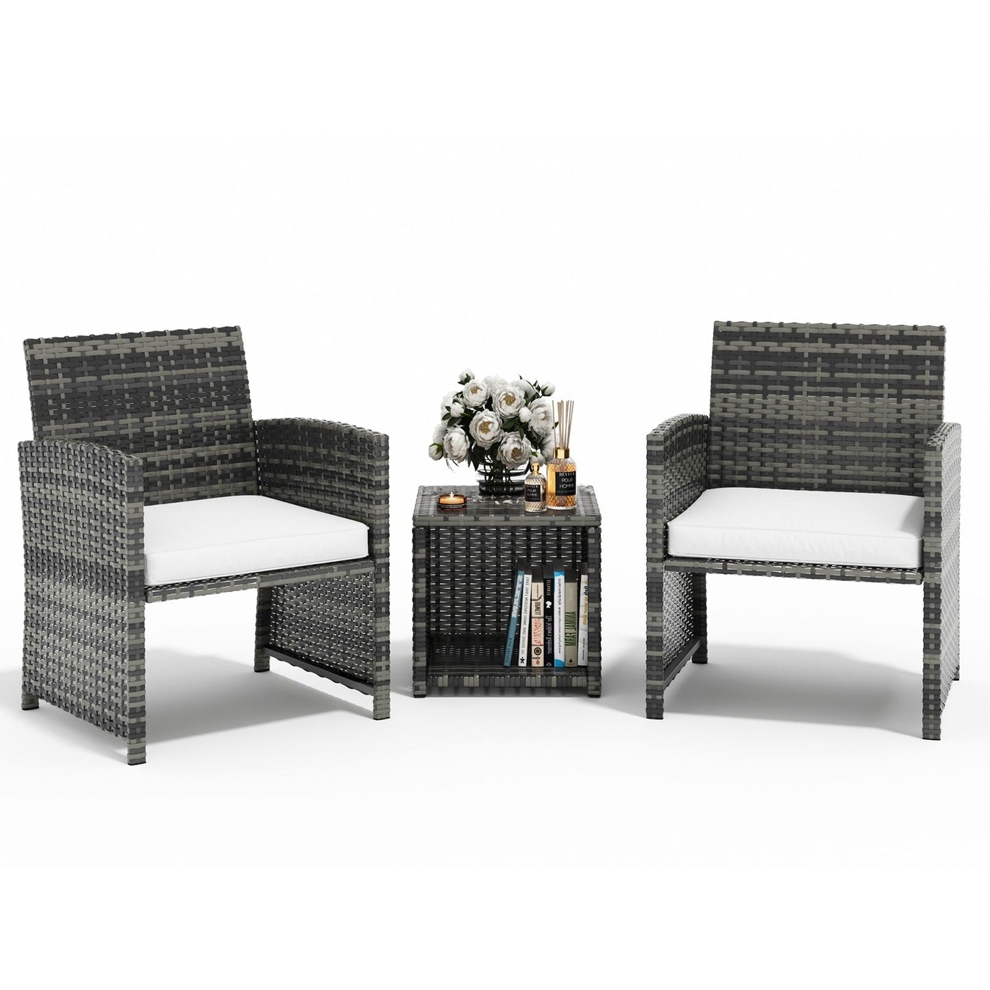 Set da bistrot in vimini da 3 pezzi per patio, sedia imbottita e tavolino laterale