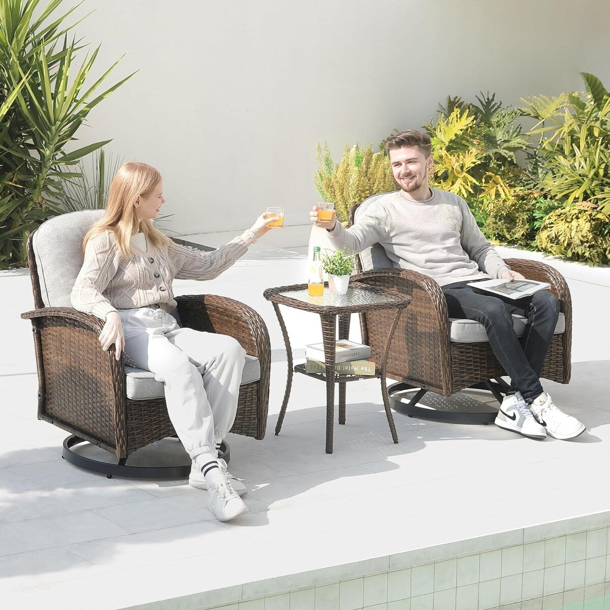 Set da conversazione per mobili da esterno per patio, 3 pezzi sedie in vimini in rattan PE con tavolo per veranda