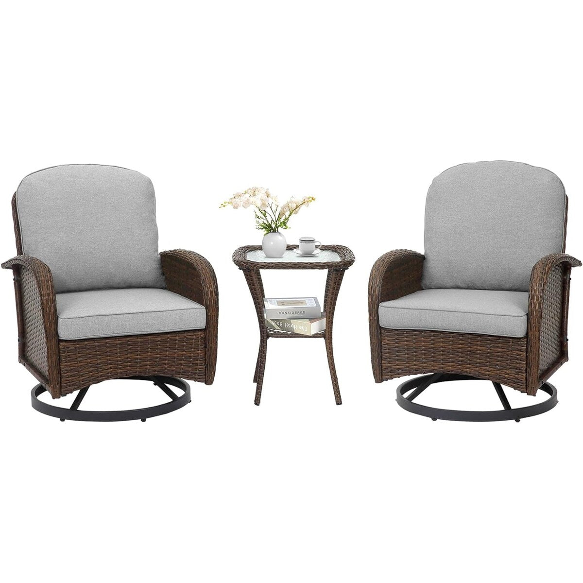 Set da conversazione per mobili da esterno per patio, 3 pezzi sedie in vimini in rattan PE con tavolo per veranda