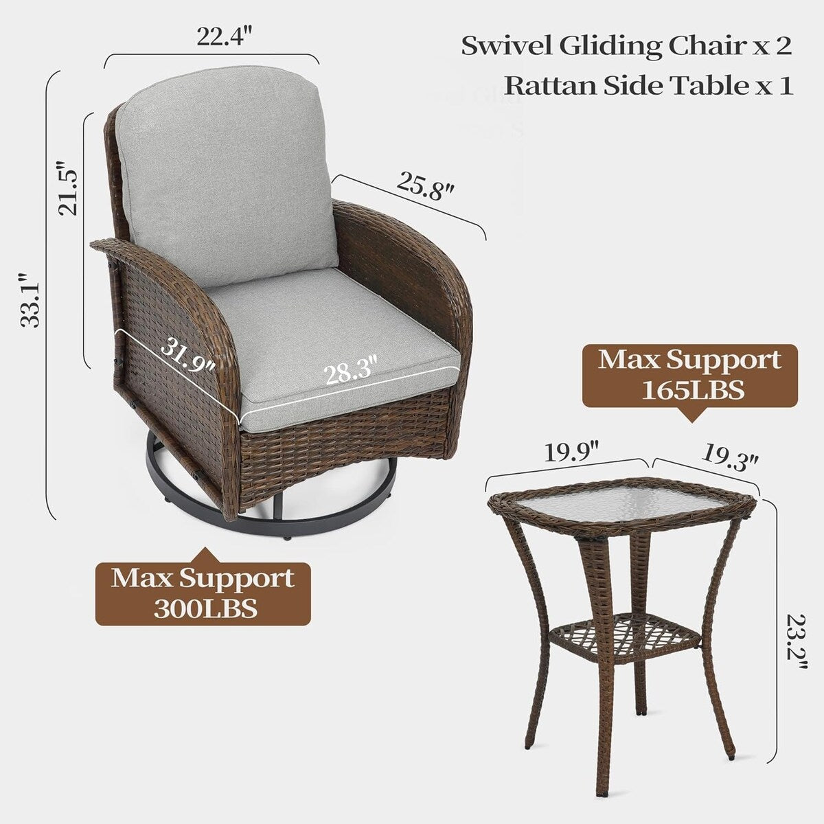 Set da conversazione per mobili da esterno per patio, 3 pezzi sedie in vimini in rattan PE con tavolo per veranda