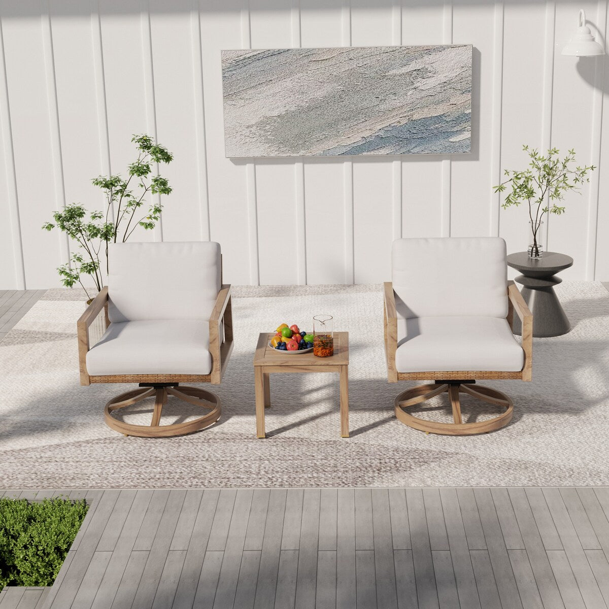 Set da conversazione per patio in alluminio effetto legno, composto da 3 pezzi, con sedie girevoli, schienale in rattan e cuscini