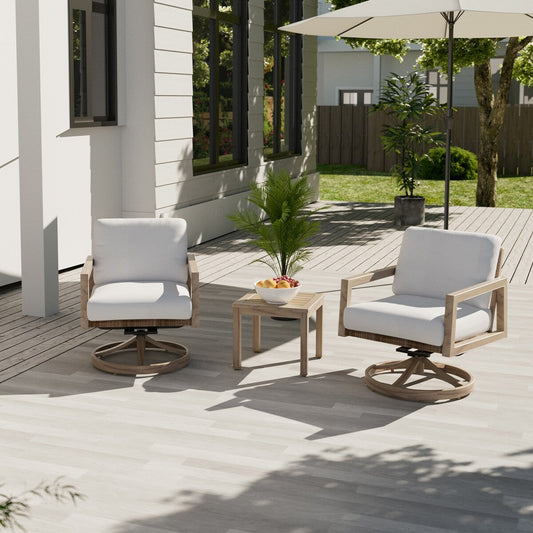 Set da conversazione per patio in alluminio effetto legno, composto da 3 pezzi, con sedie girevoli, schienale in rattan e cuscini