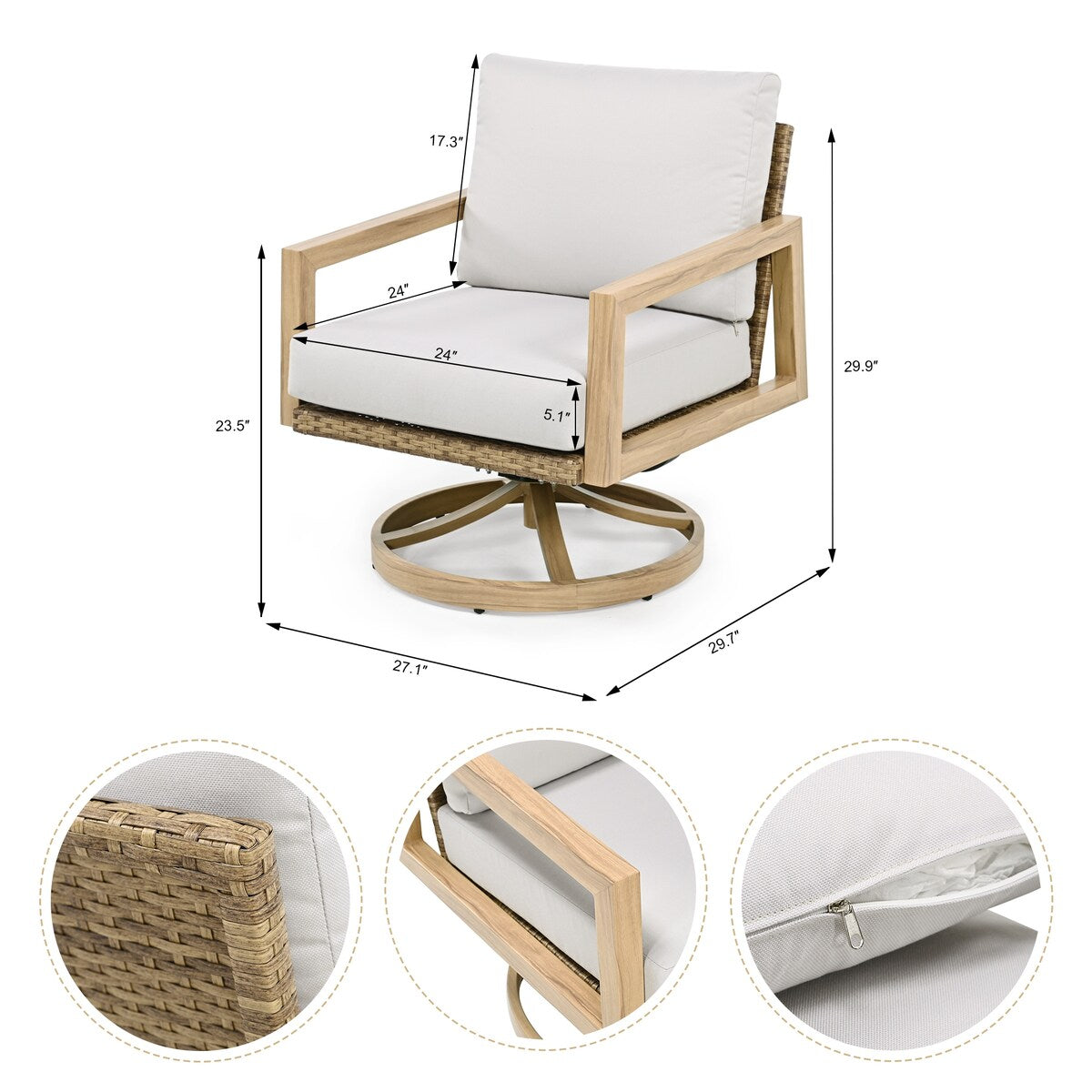 Set da conversazione per patio in alluminio effetto legno, composto da 3 pezzi, con sedie girevoli, schienale in rattan e cuscini