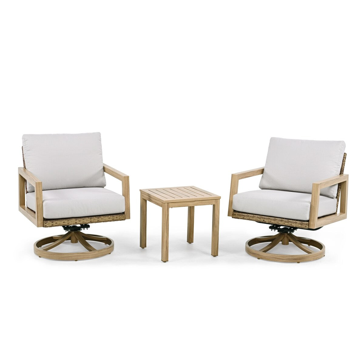 Set da conversazione per patio in alluminio effetto legno, composto da 3 pezzi, con sedie girevoli, schienale in rattan e cuscini