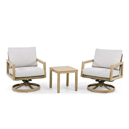 Set da conversazione per patio in alluminio effetto legno, composto da 3 pezzi, con sedie girevoli, schienale in rattan e cuscini