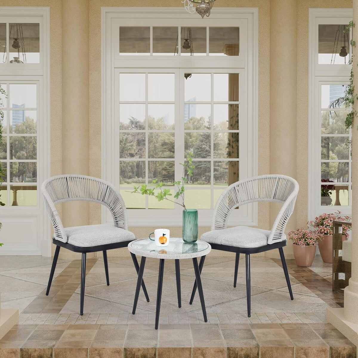 XINMICS 3 pezzi di mobili da giardino con schienale intagliato in corda intrecciata fatta a mano