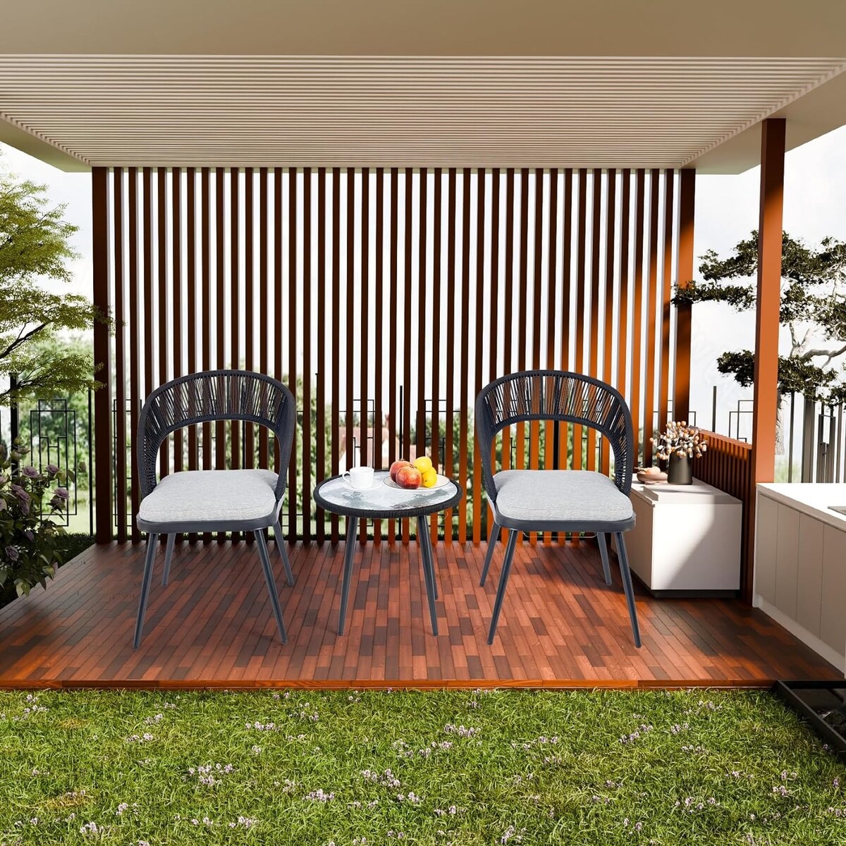 XINMICS 3 pezzi di mobili da giardino con schienale intagliato in corda intrecciata fatta a mano