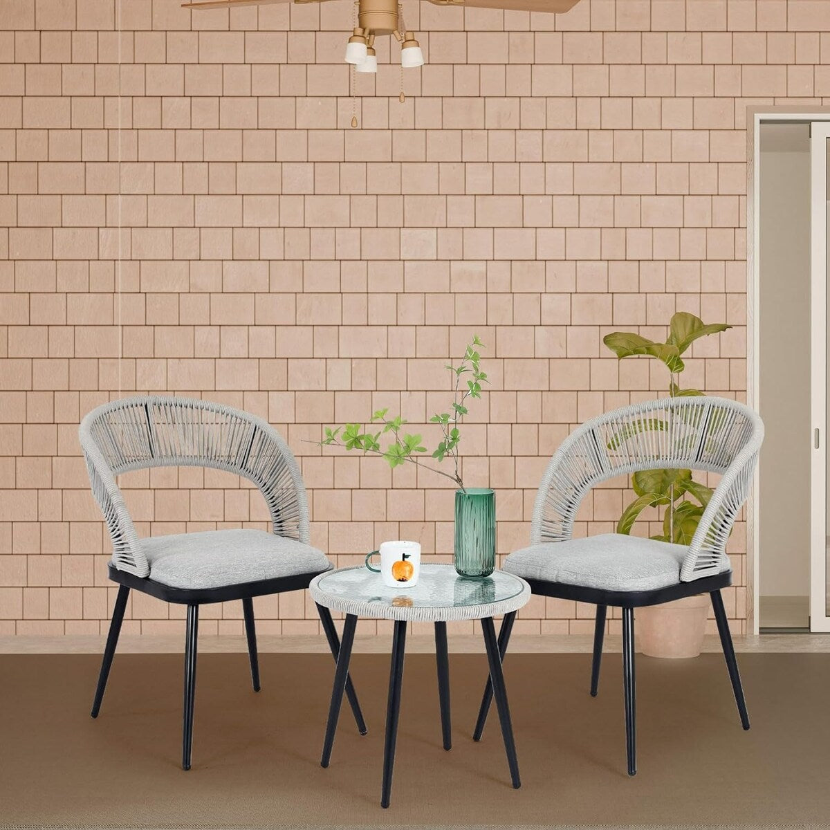 XINMICS 3 pezzi di mobili da giardino con schienale intagliato in corda intrecciata fatta a mano