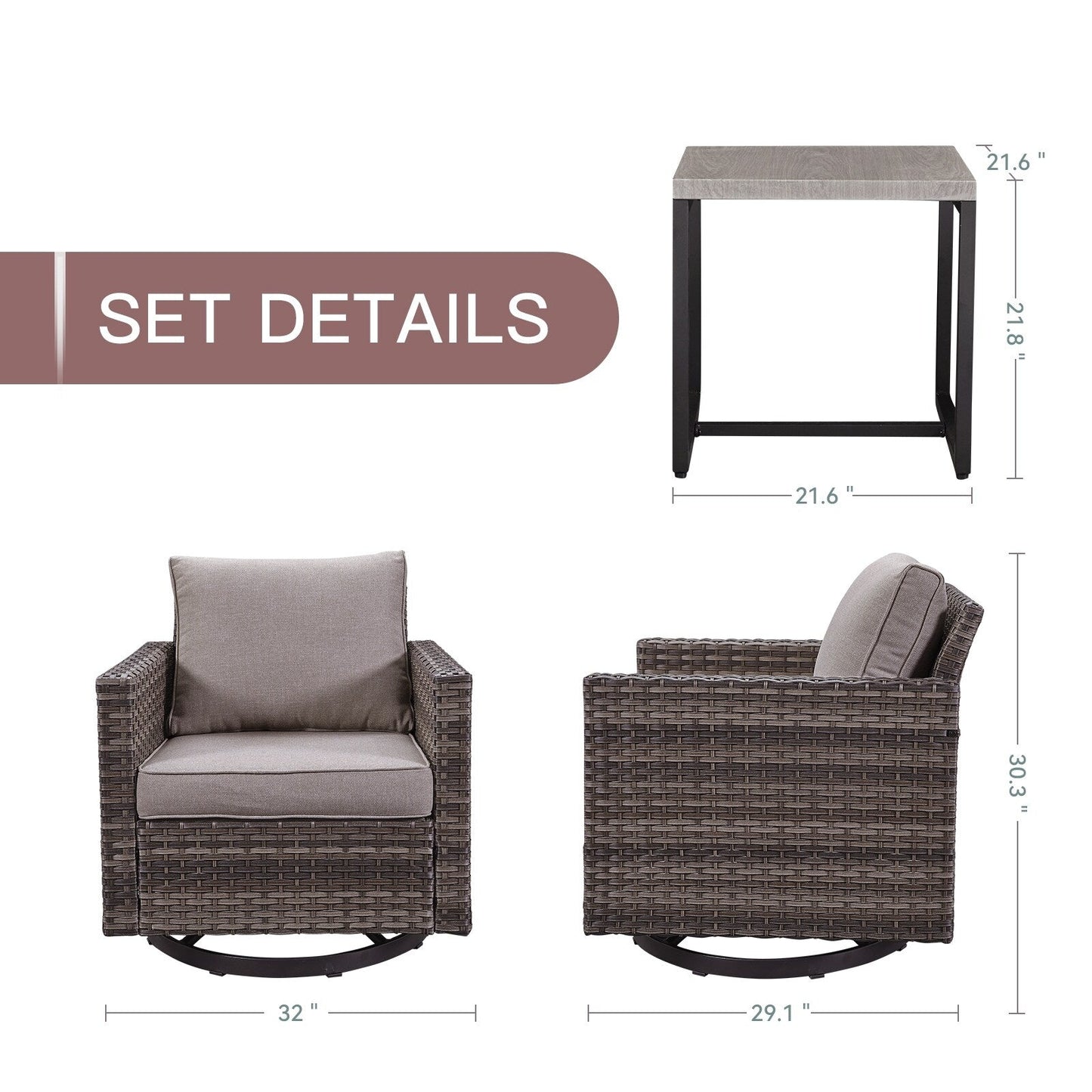 Set da giardino con dondolo girevole in vimini da esterno Gymojoy da 3 pezzi