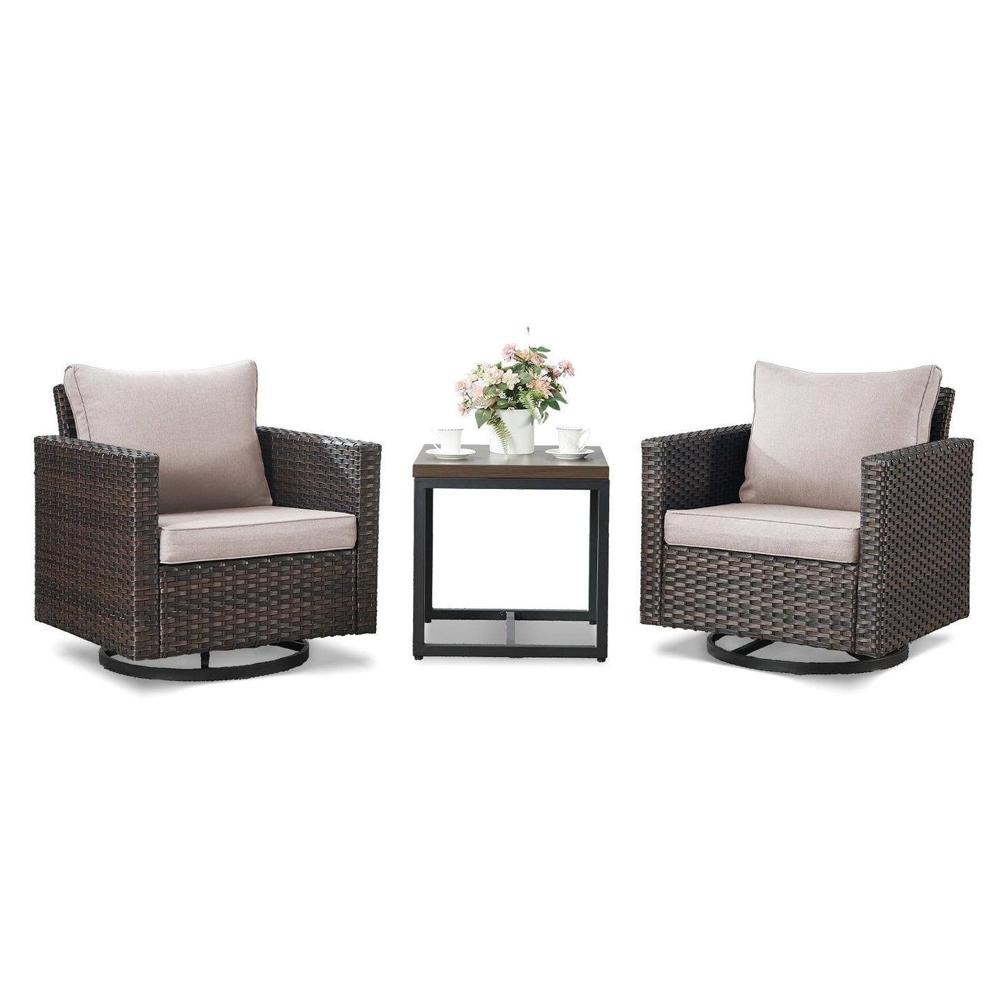 Set da giardino con dondolo girevole in vimini da esterno Gymojoy da 3 pezzi