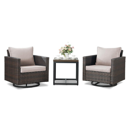 Set da giardino con dondolo girevole in vimini da esterno Gymojoy da 3 pezzi