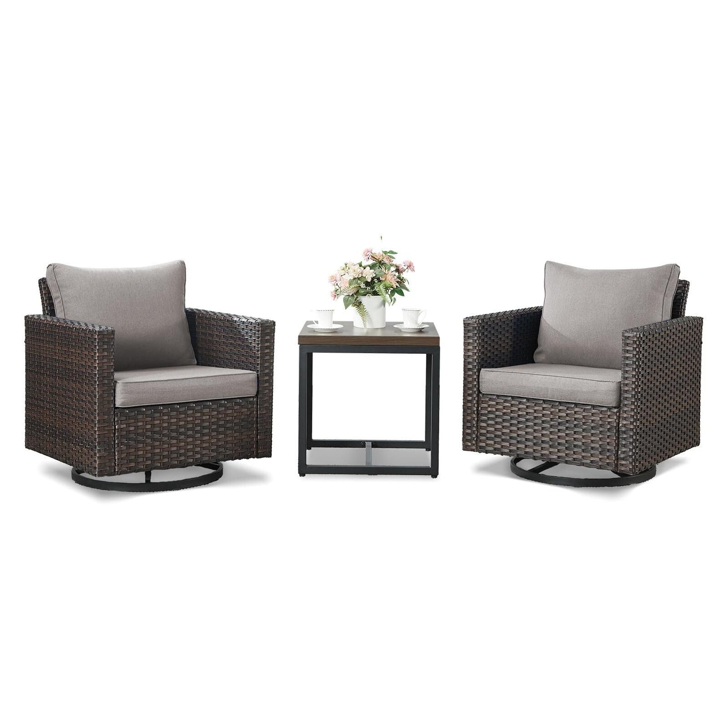 Set da giardino con dondolo girevole in vimini da esterno Gymojoy da 3 pezzi