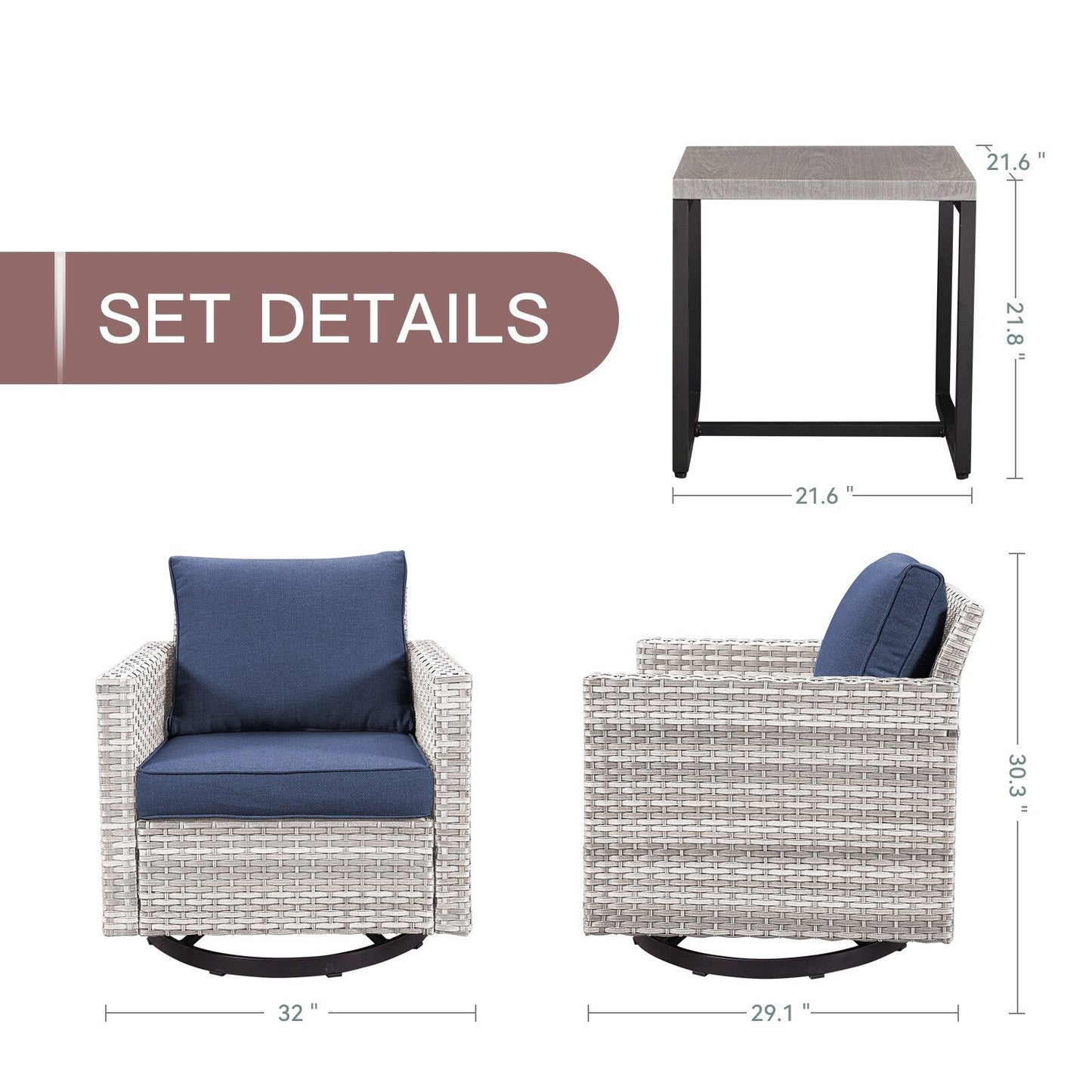 Set da giardino con dondolo girevole in vimini da esterno Gymojoy da 3 pezzi