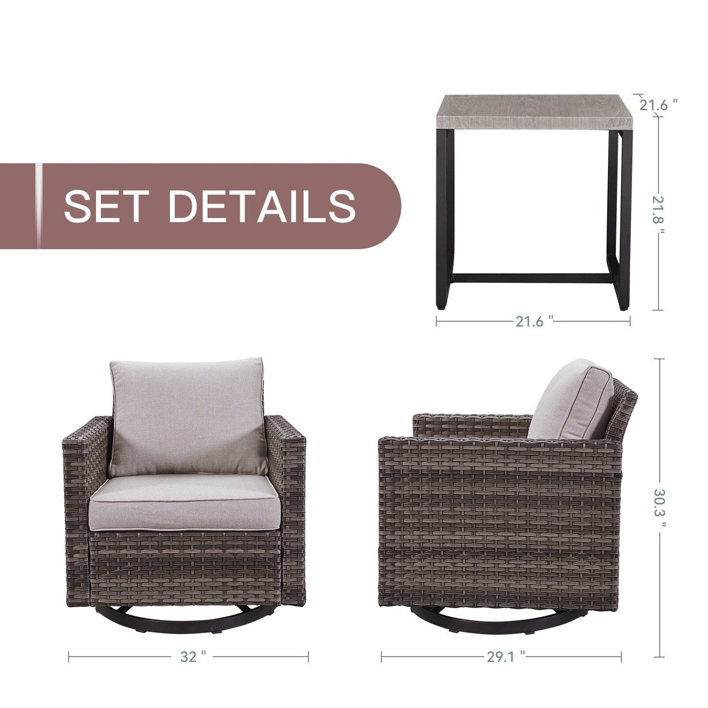 Set da giardino con dondolo girevole in vimini da esterno Gymojoy da 3 pezzi