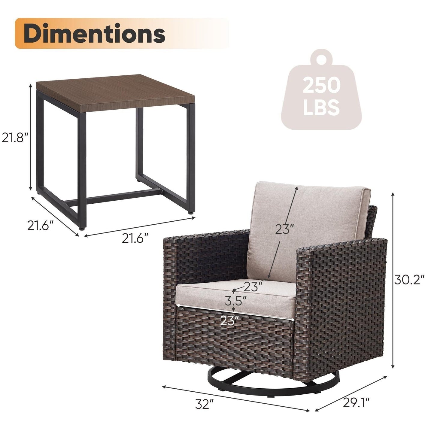 Set da giardino con dondolo girevole in vimini da esterno Gymojoy da 3 pezzi