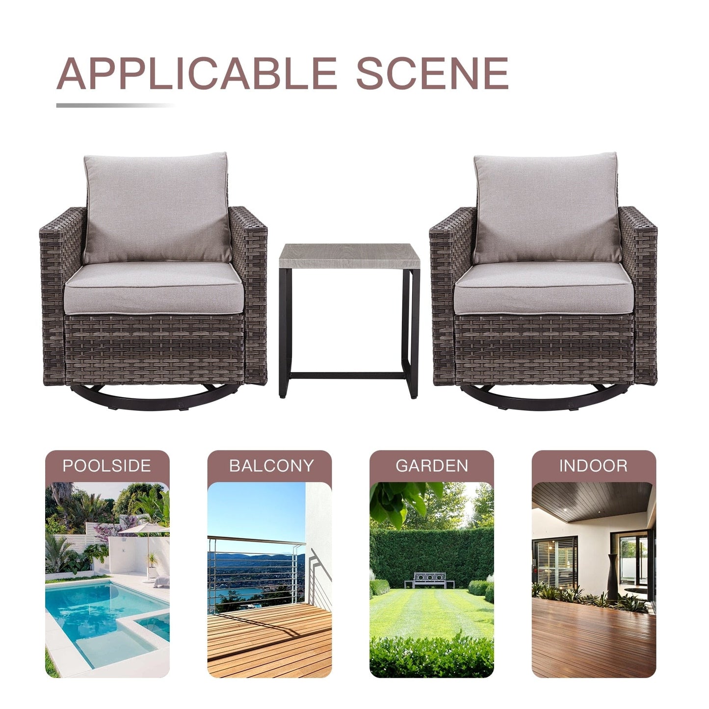 Set da giardino con dondolo girevole in vimini da esterno Gymojoy da 3 pezzi