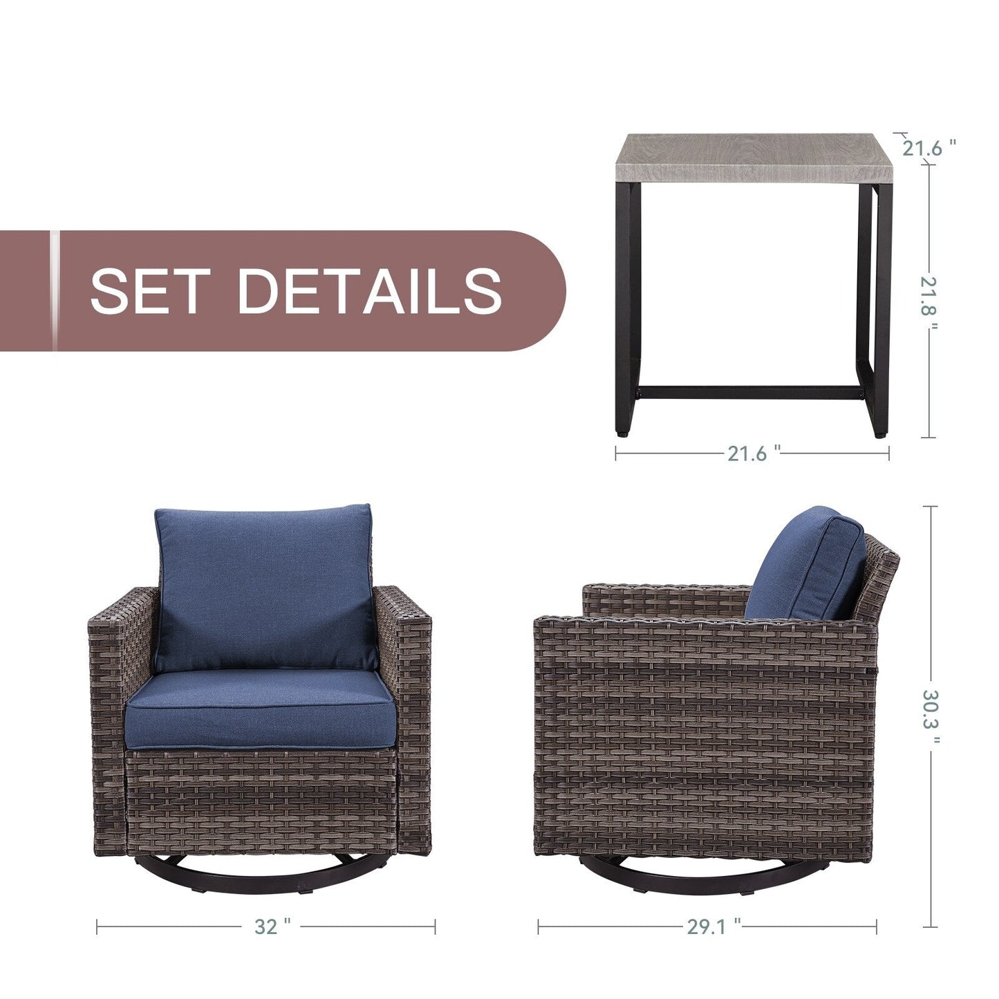 Set da giardino con dondolo girevole in vimini da esterno Gymojoy da 3 pezzi