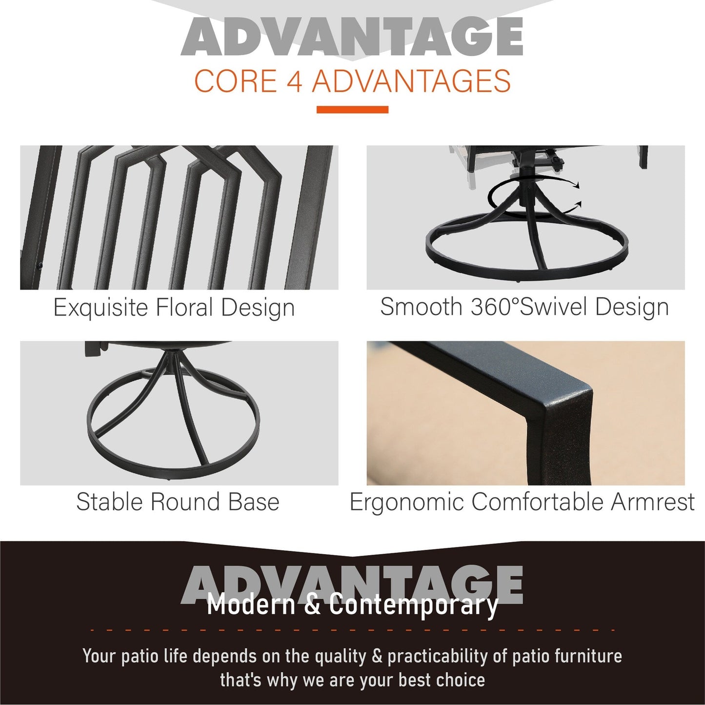 MAISON ARTS Set da bistrot da giardino, 3 pezzi, set da pranzo, 2 sedie girevoli con cuscini e 1 tavolino rotondo