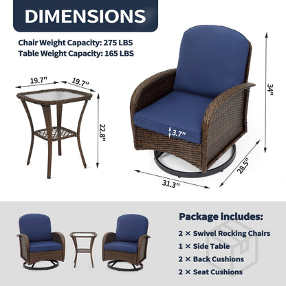 Set di mobili da giardino da 3 pezzi, set da bistrot girevole per esterni con sedie a dondolo in vimini e tavolino da caffè in vetro