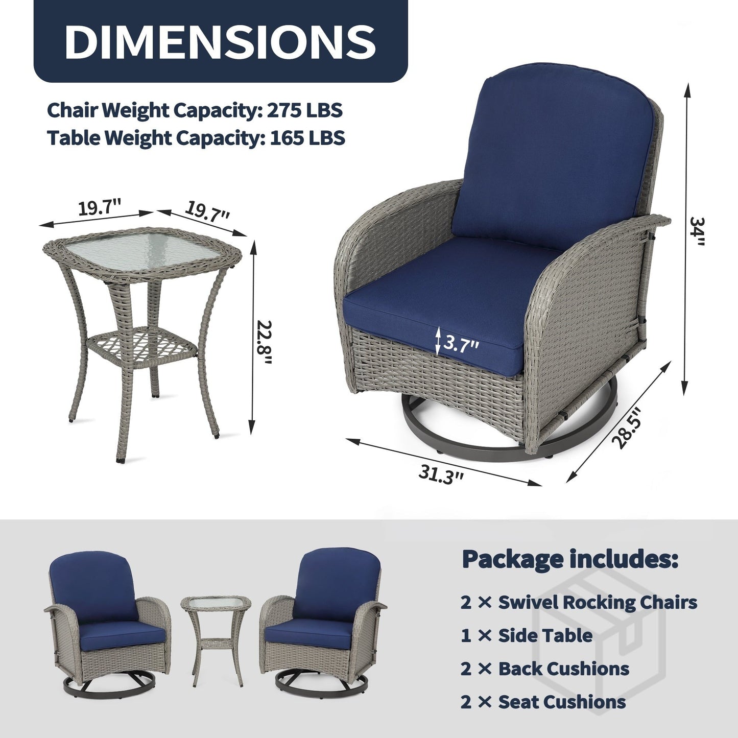 Set di mobili da giardino da 3 pezzi, set da bistrot girevole per esterni con sedie a dondolo in vimini e tavolino da caffè in vetro