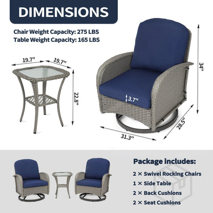 Set di mobili da giardino da 3 pezzi, set da bistrot girevole per esterni con sedie a dondolo in vimini e tavolino da caffè in vetro