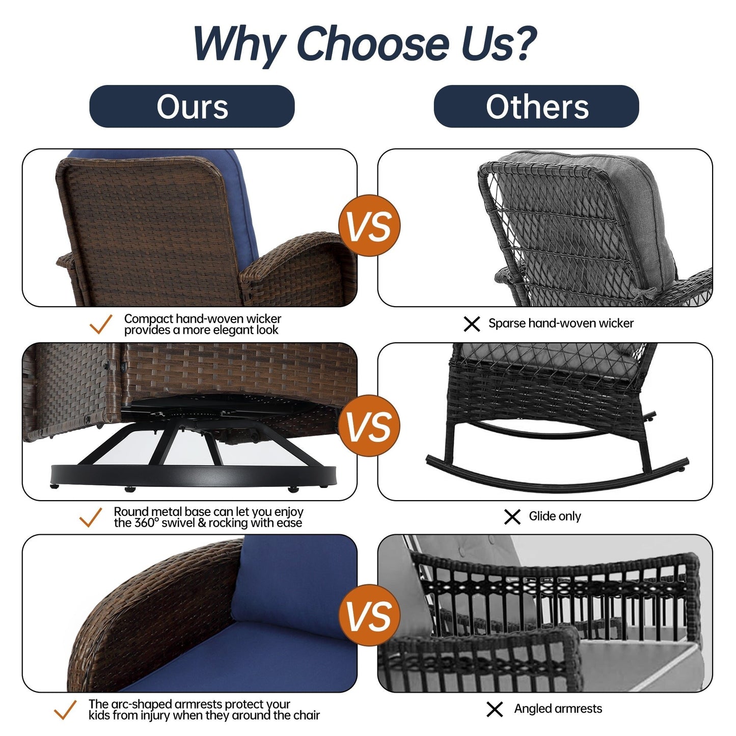 Set di mobili da giardino da 3 pezzi, set da bistrot girevole per esterni con sedie a dondolo in vimini e tavolino da caffè in vetro