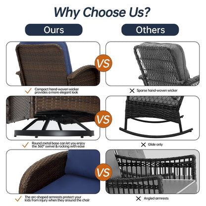 Set di mobili da giardino da 3 pezzi, set da bistrot girevole per esterni con sedie a dondolo in vimini e tavolino da caffè in vetro