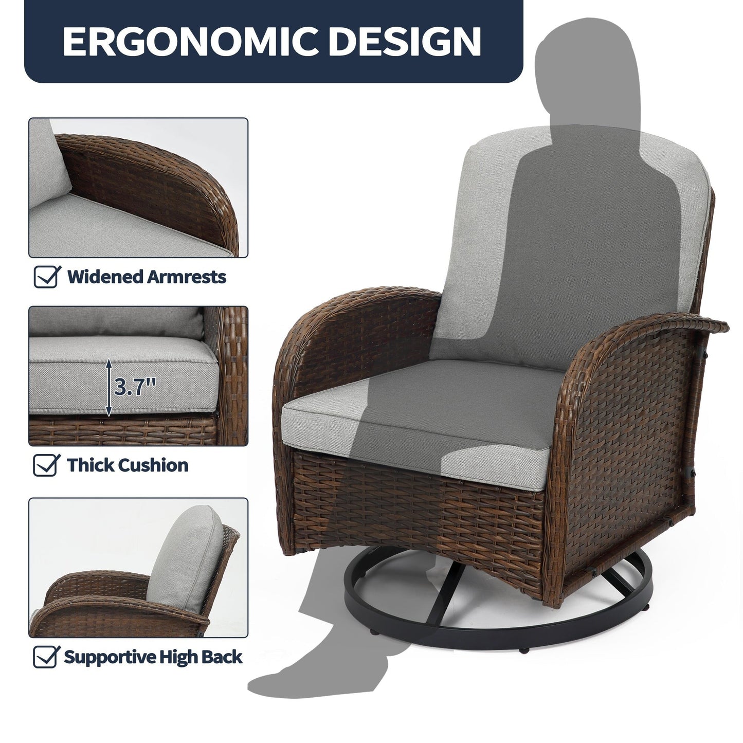 Set di mobili da giardino da 3 pezzi, set da bistrot girevole per esterni con sedie a dondolo in vimini e tavolino da caffè in vetro