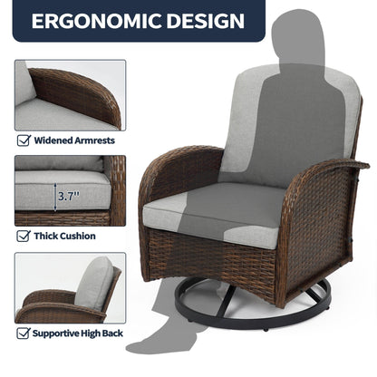 Set di mobili da giardino da 3 pezzi, set da bistrot girevole per esterni con sedie a dondolo in vimini e tavolino da caffè in vetro