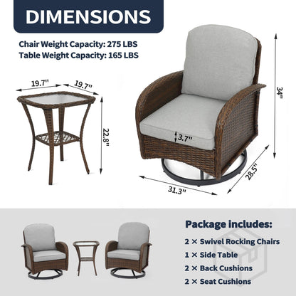 Set di mobili da giardino da 3 pezzi, set da bistrot girevole per esterni con sedie a dondolo in vimini e tavolino da caffè in vetro