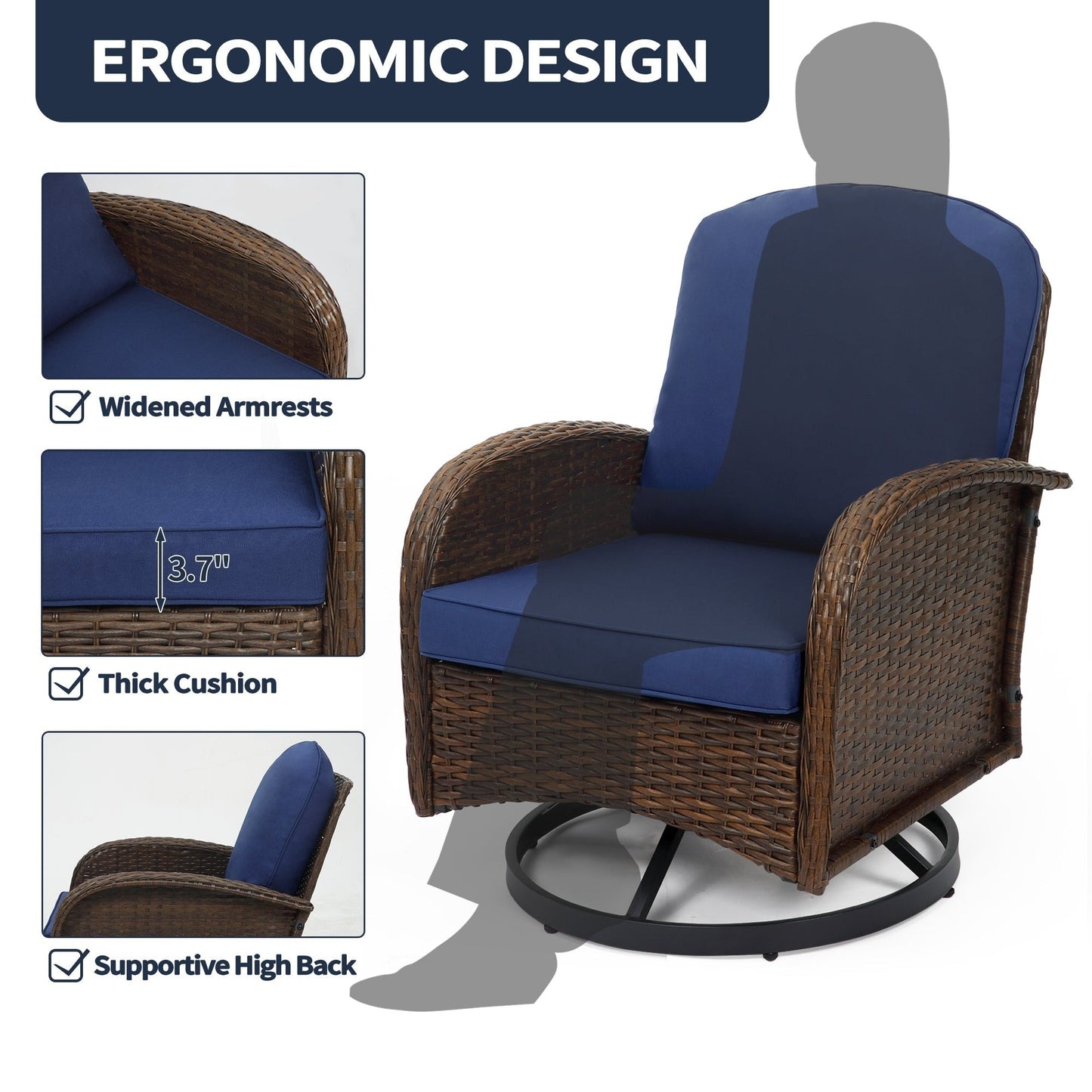 Set di mobili da giardino da 3 pezzi, set da bistrot girevole per esterni con sedie a dondolo in vimini e tavolino da caffè in vetro
