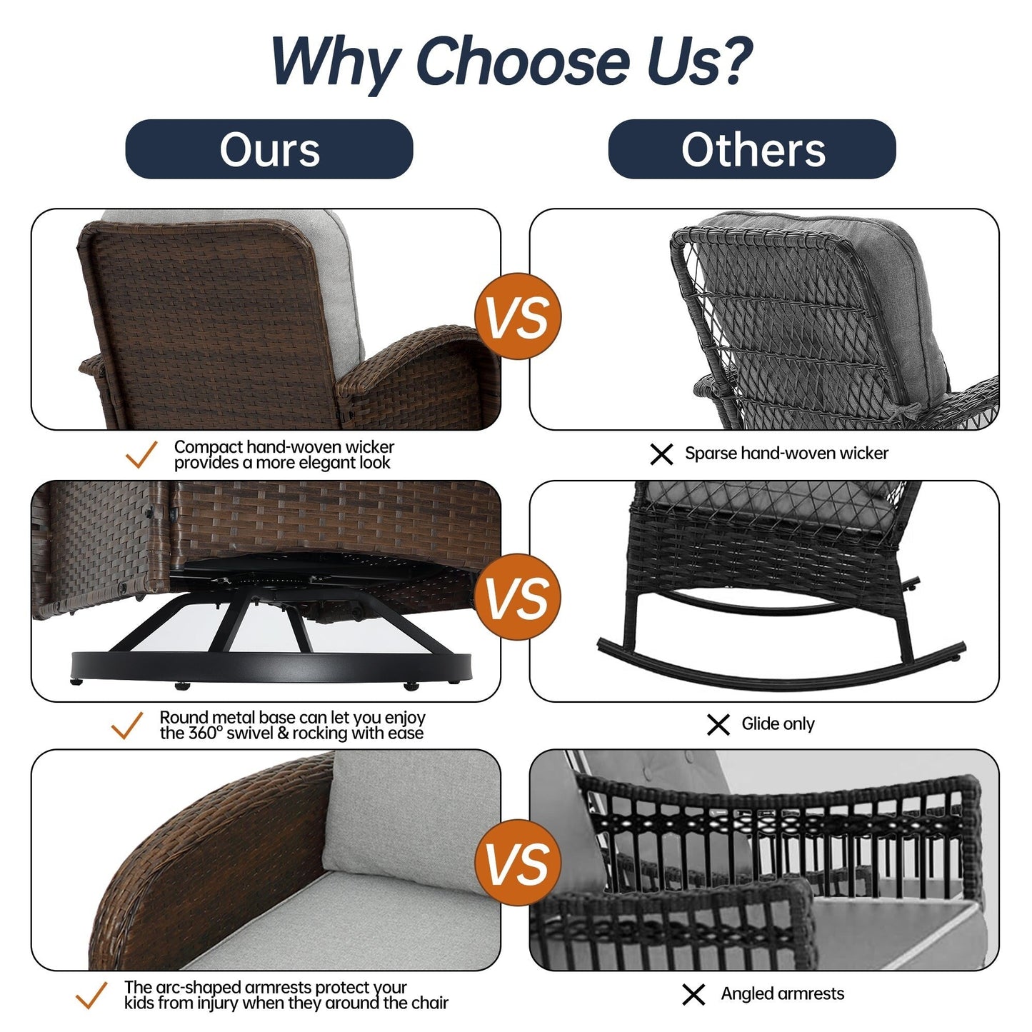 Set di mobili da giardino da 3 pezzi, set da bistrot girevole per esterni con sedie a dondolo in vimini e tavolino da caffè in vetro