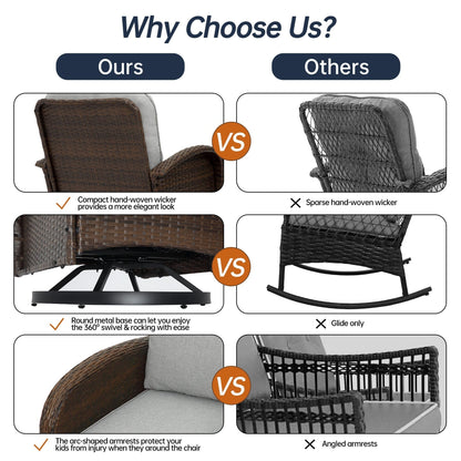 Set di mobili da giardino da 3 pezzi, set da bistrot girevole per esterni con sedie a dondolo in vimini e tavolino da caffè in vetro