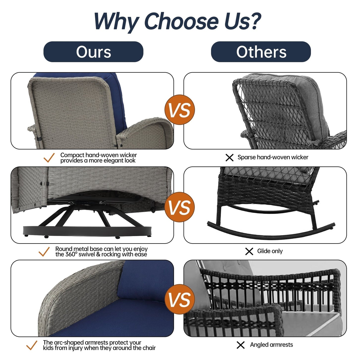 Set di mobili da giardino da 3 pezzi, set da bistrot girevole per esterni con sedie a dondolo in vimini e tavolino da caffè in vetro