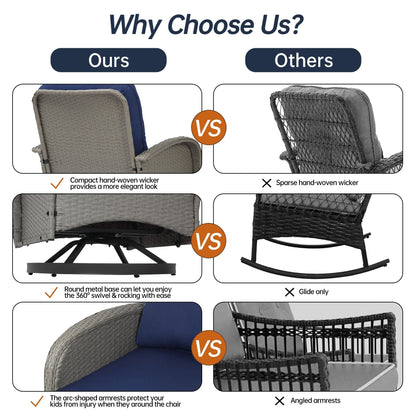 Set di mobili da giardino da 3 pezzi, set da bistrot girevole per esterni con sedie a dondolo in vimini e tavolino da caffè in vetro