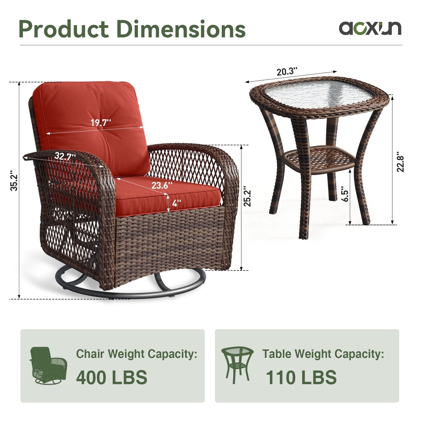 Set di 3 mobili da giardino, set di 2 sedie a dondolo girevoli da giardino