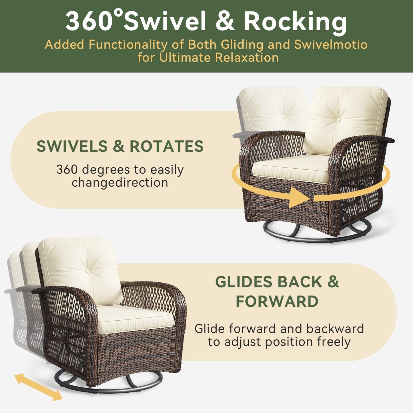 Set di 3 mobili da giardino, set di 2 sedie a dondolo girevoli da giardino