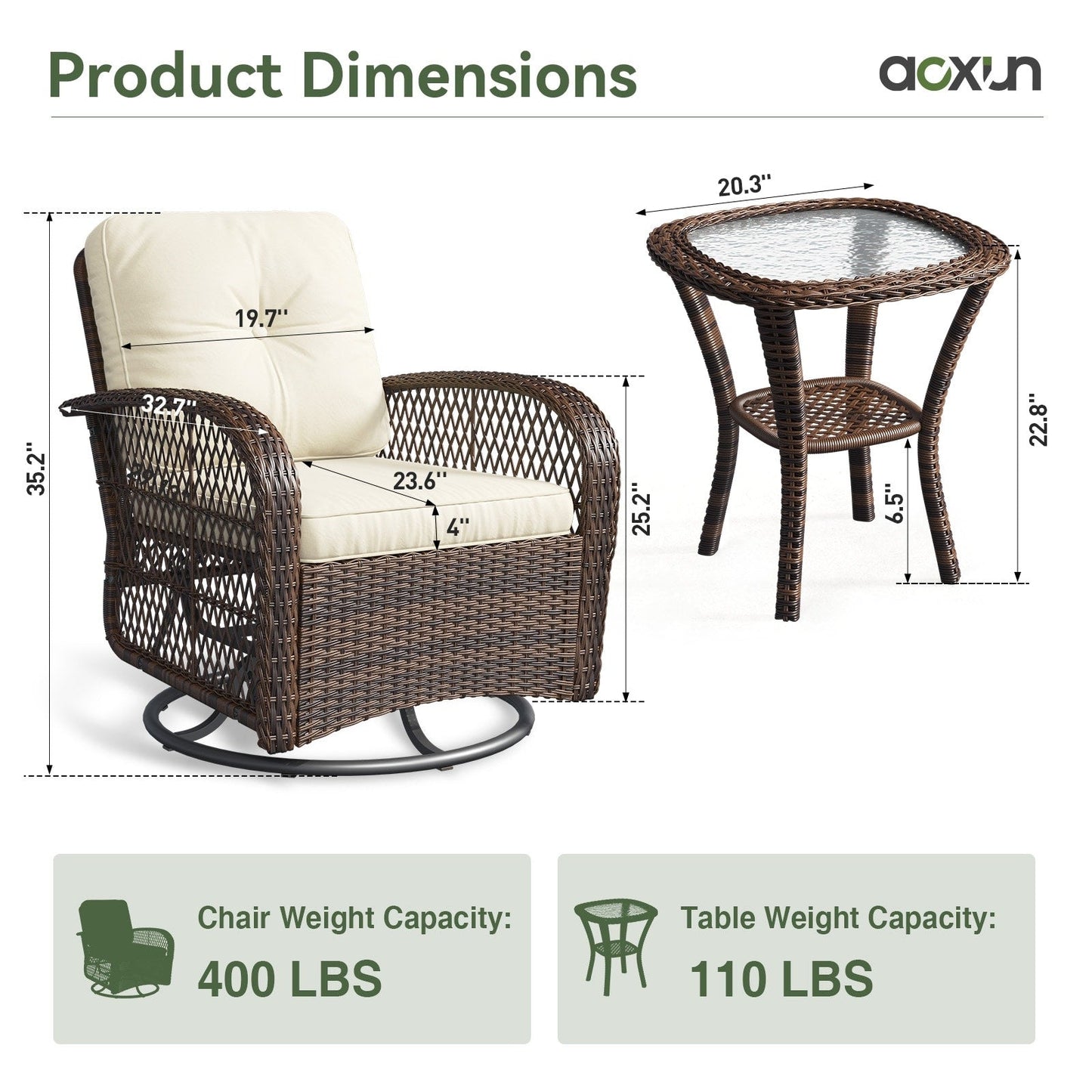 Set di 3 mobili da giardino, set di 2 sedie a dondolo girevoli da giardino