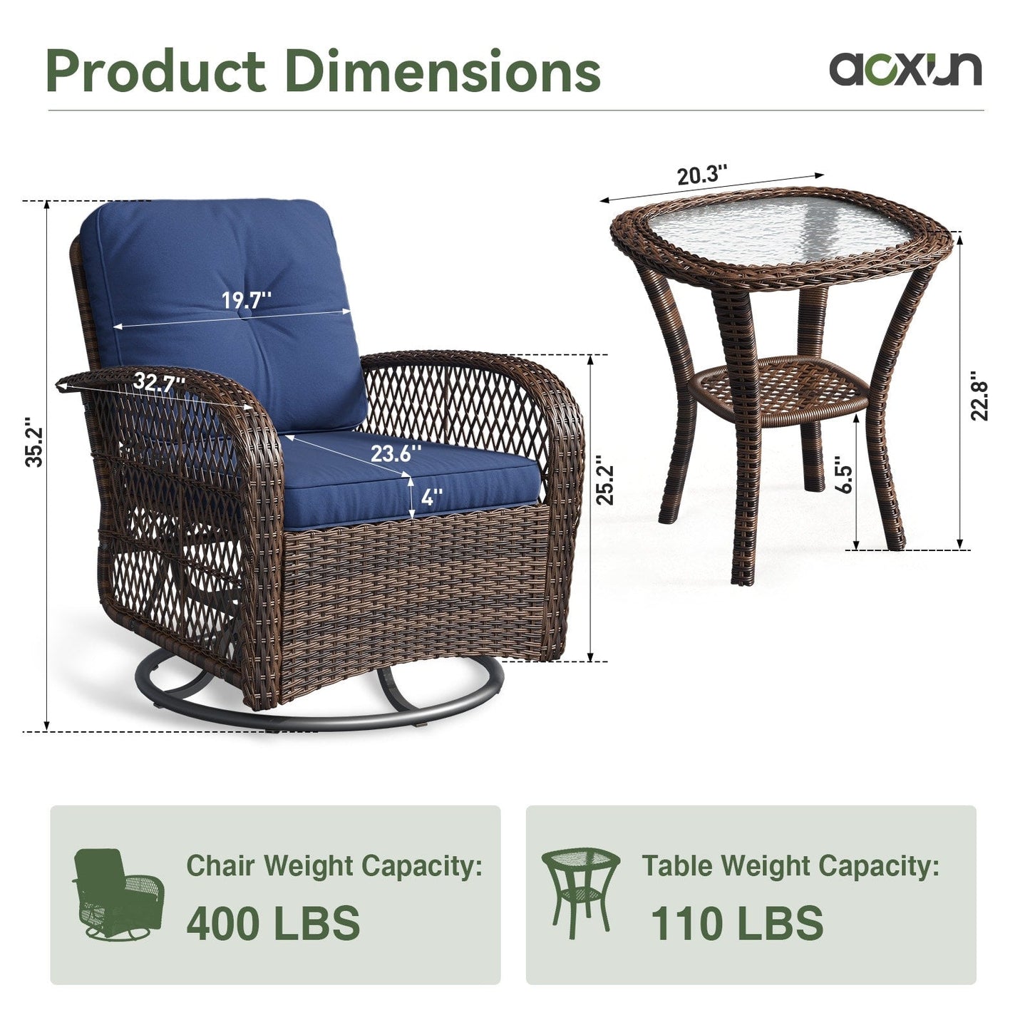 Set di 3 mobili da giardino, set di 2 sedie a dondolo girevoli da giardino