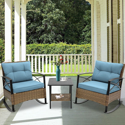 Set da 3 pezzi in rattan per patio, set da bistrot per esterni con cuscini - 1 tavolo, 2 sedie a dondolo