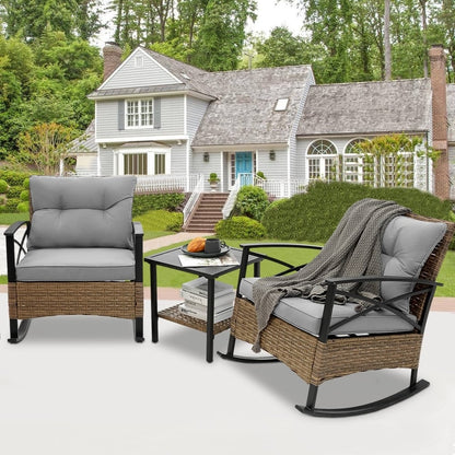 Set da 3 pezzi in rattan per patio, set da bistrot per esterni con cuscini - 1 tavolo, 2 sedie a dondolo